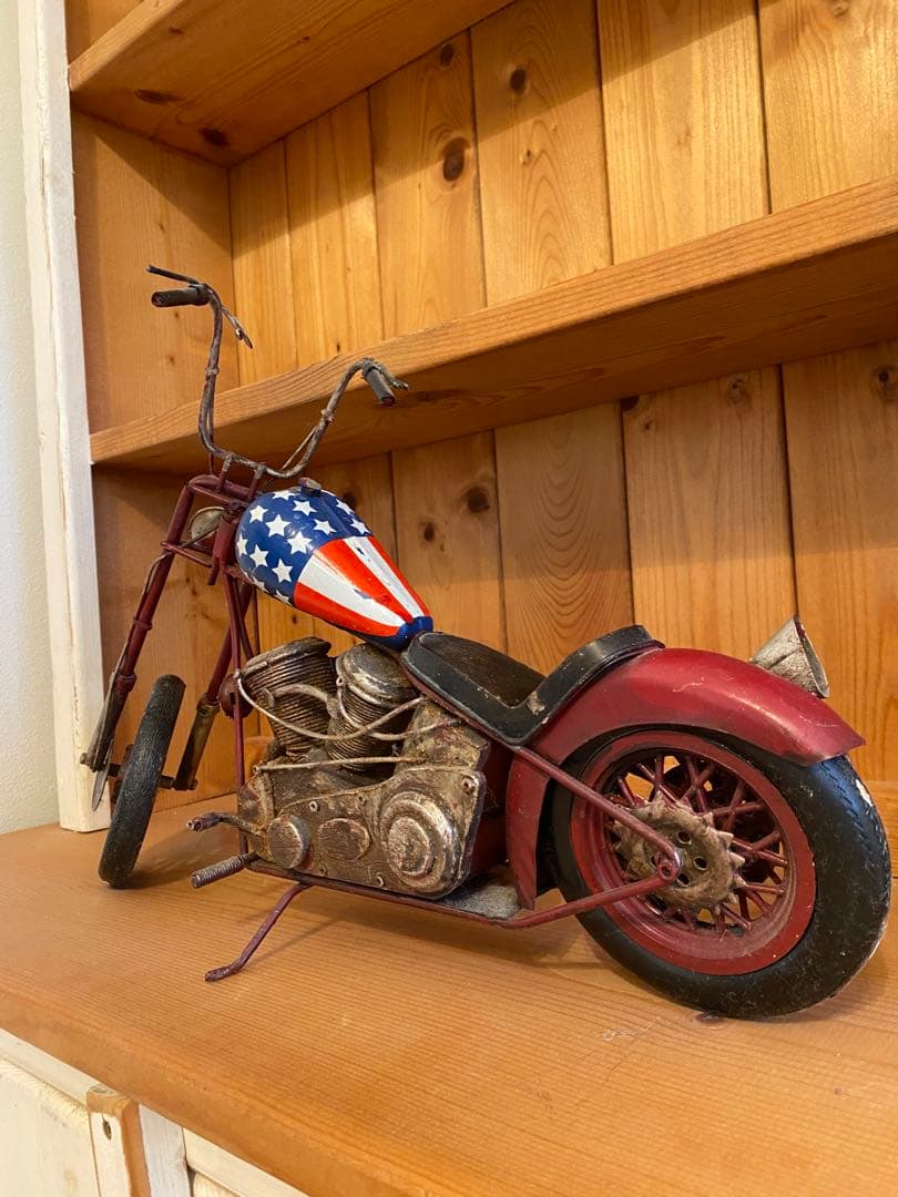 アンティークブリキ　ダメージ加工バイク模型ハーレー　星条旗柄
