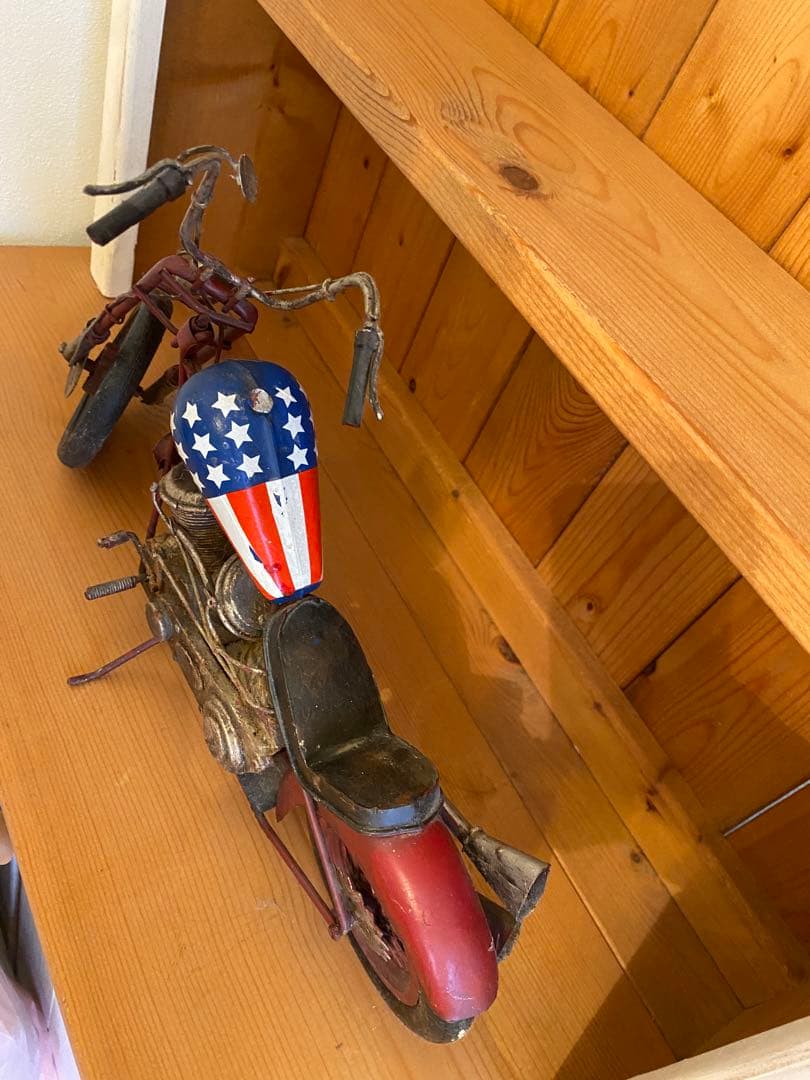 アンティークブリキ　ダメージ加工バイク模型ハーレー　星条旗柄