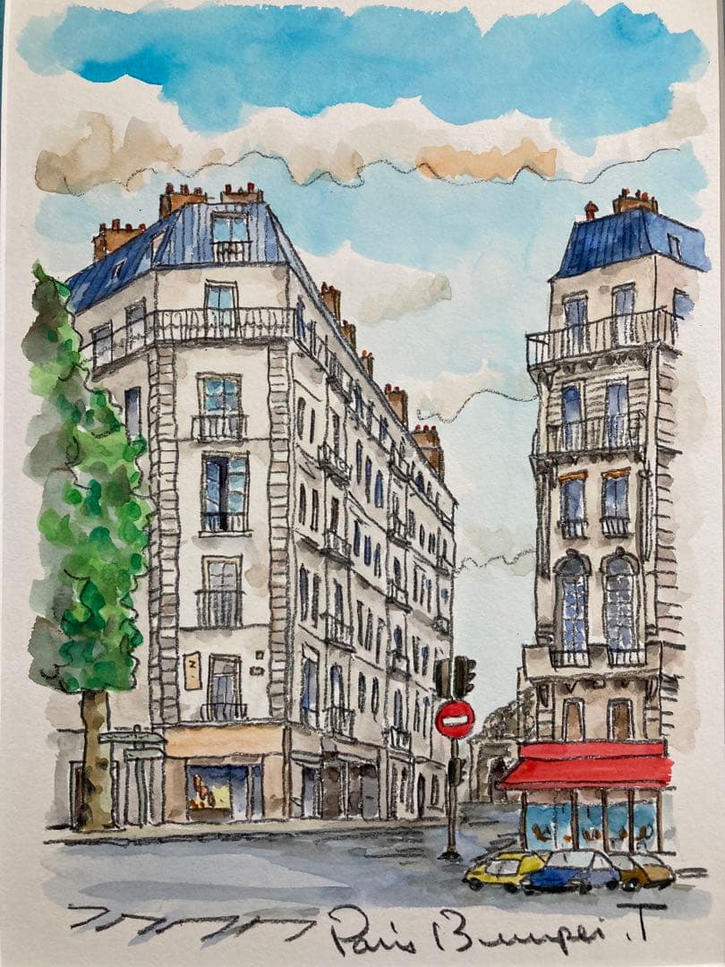 【真作保証】高橋文平「Paris」水彩原画 真筆 直筆サイン 額装品 絵画