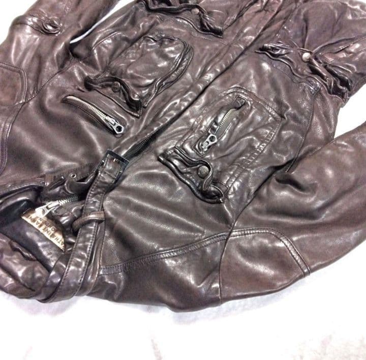 美品 キャサリン ハムネット ロンドン レザー 羊革 ジャケット ライダース 茶