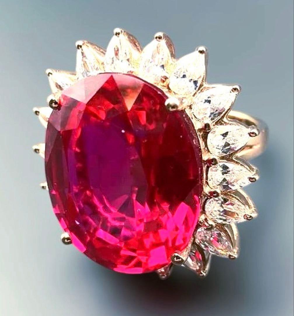 アフリカ産 天然ルベライト レッドトルマリン ホワイトサファイア36.3CT指輪