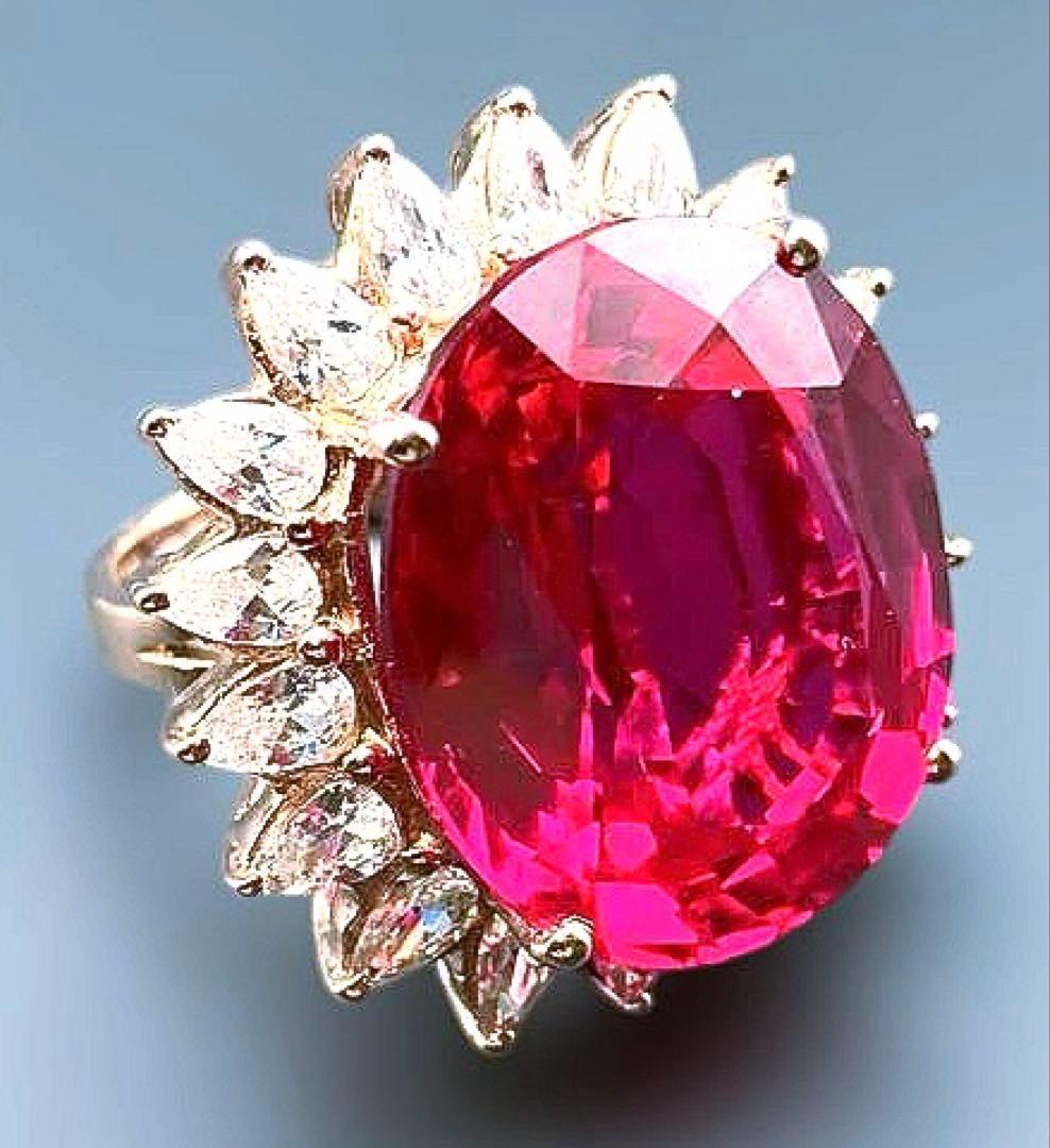 アフリカ産 天然ルベライト レッドトルマリン ホワイトサファイア36.3CT指輪