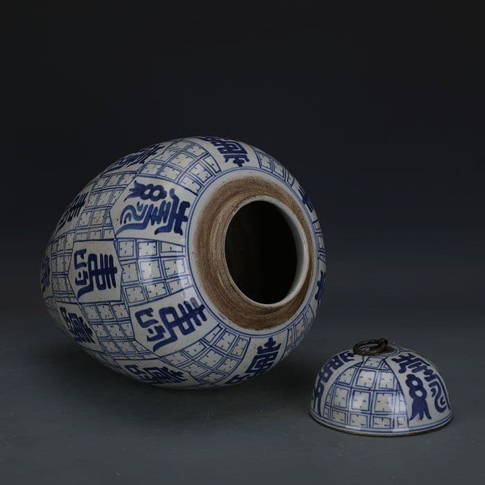 青絵寿紋缶 茶筒 景徳鎮 陶磁器 装飾品 現代工芸品 美術品 置物