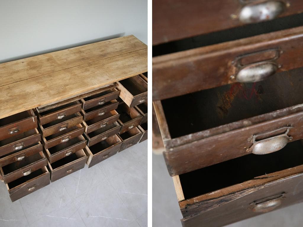 英国アンティーク21杯ドロワー付ショップカウンター/木製机テーブル(83-155