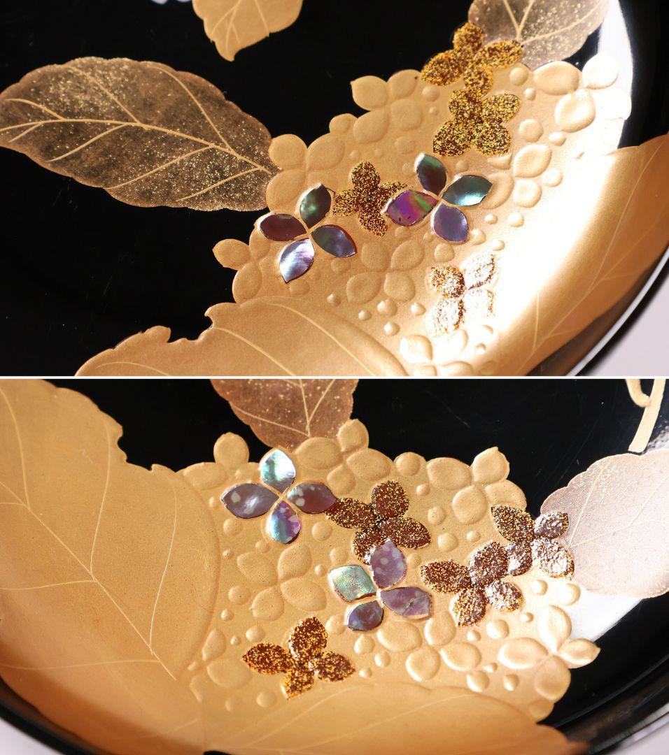 【MB189】天然木漆塗 紫陽花と葵 金蒔絵 螺鈿入 黒塗 煮物椀 二客 昭和期
