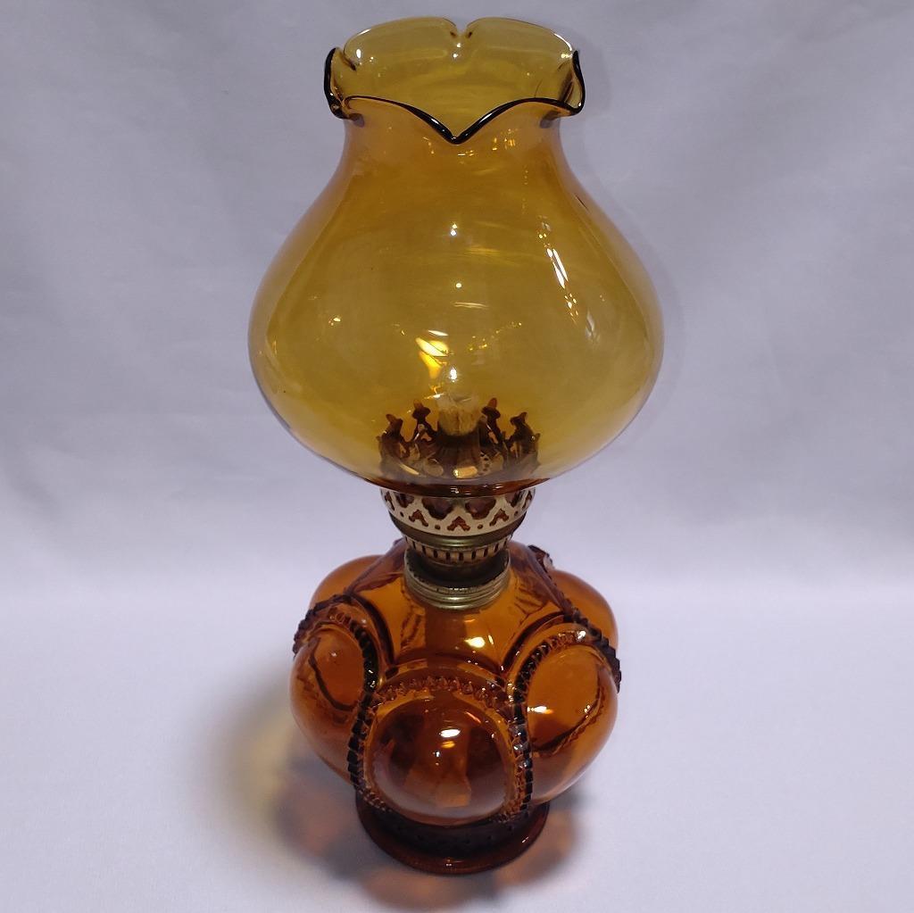 オイルランプ 硝子製 古硝子 琥珀色 最大直径約130㎜ 高さ約320㎜ レトロ