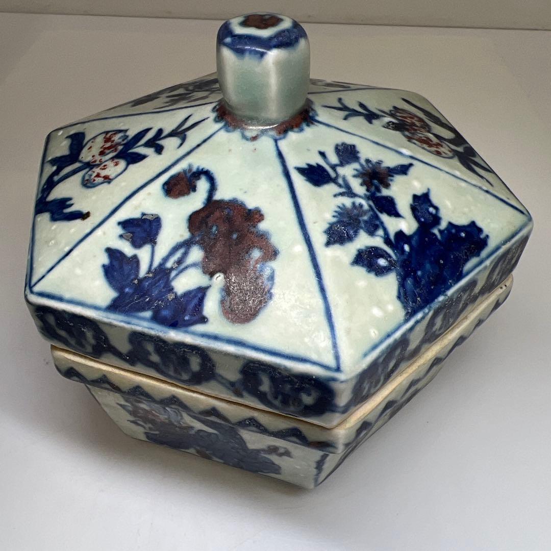 中国美術　釉裏紅六角蓋物　幅約14㎝ 東Y7-0603①