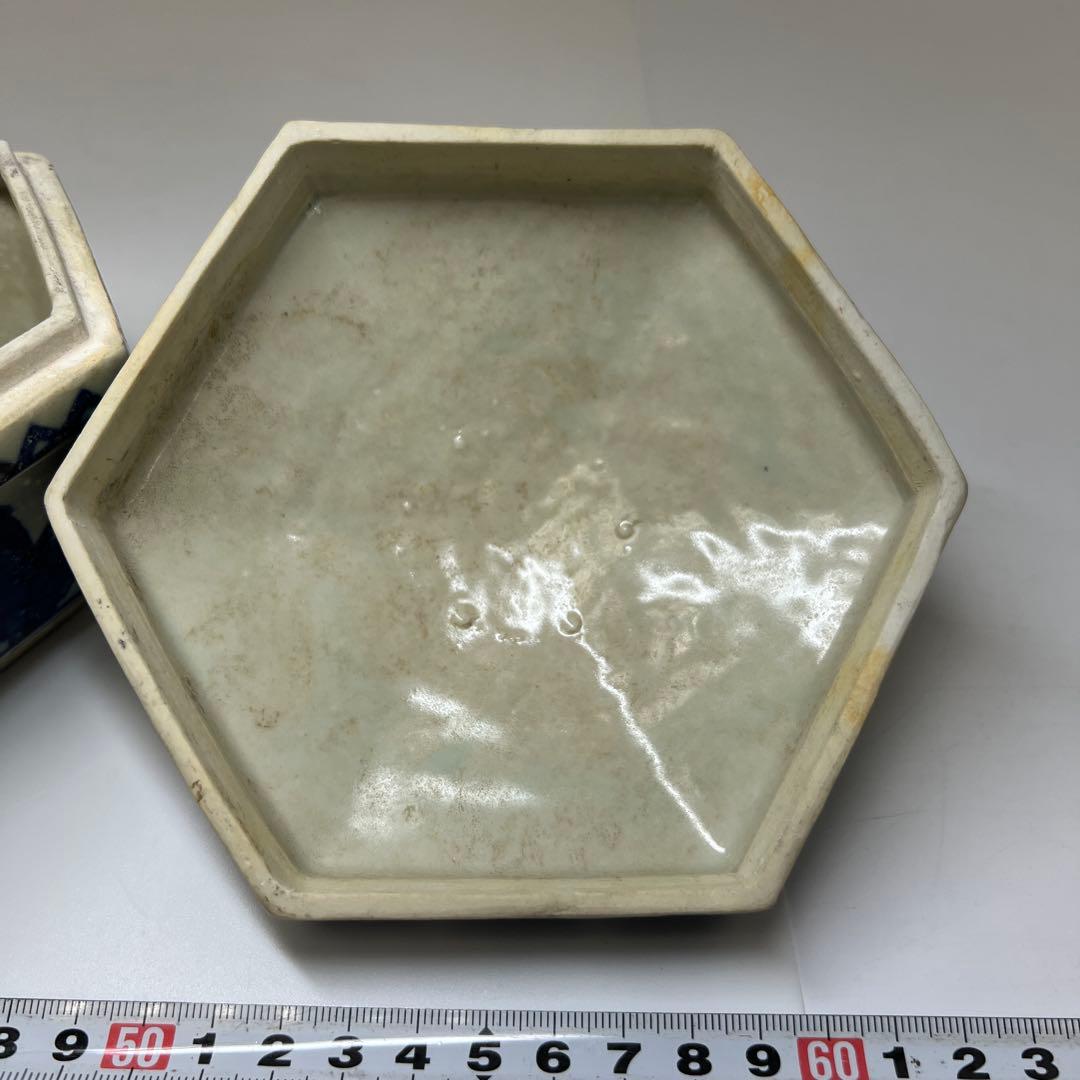 中国美術　釉裏紅六角蓋物　幅約14㎝ 東Y7-0603①