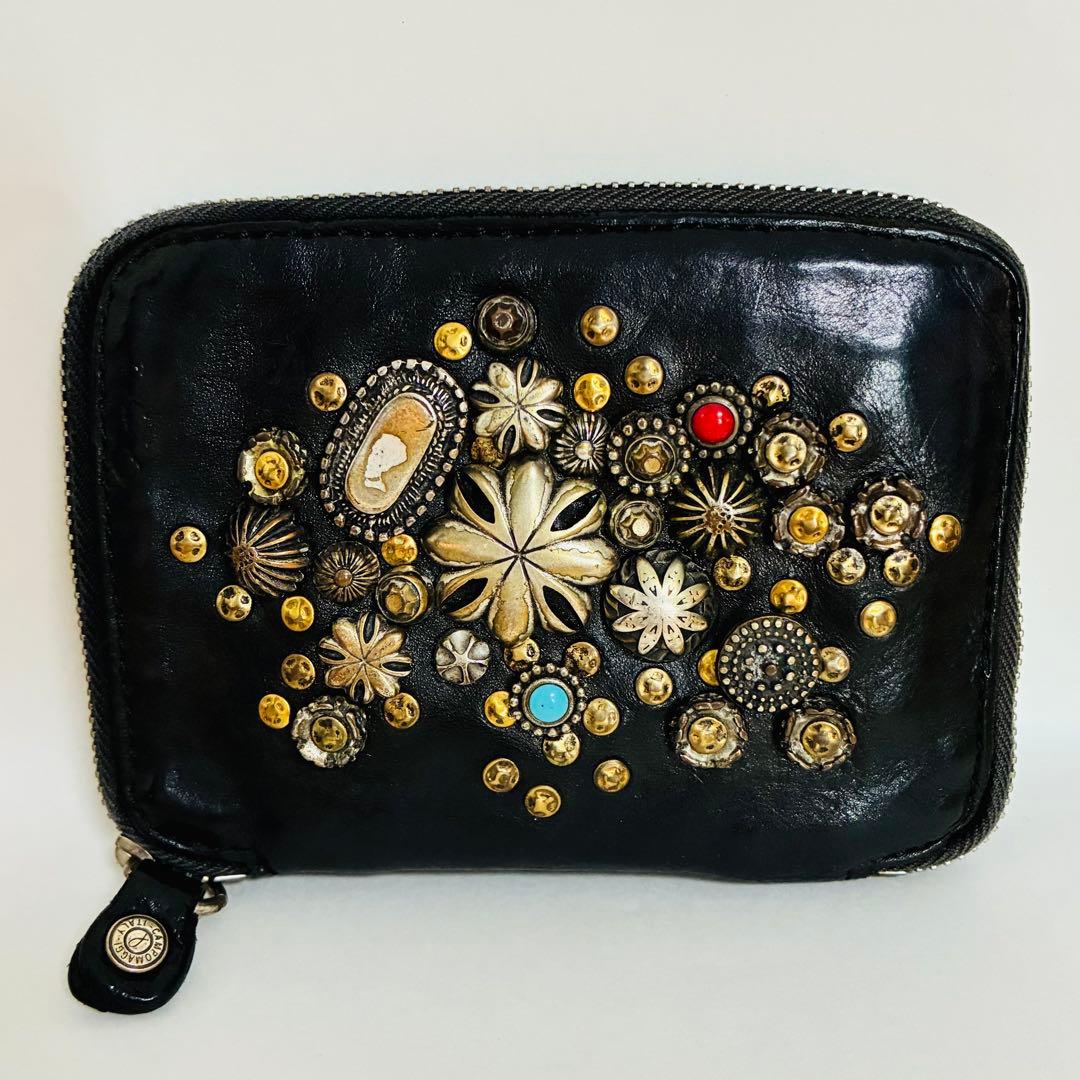 CAMPOMAGGI スタッズ　ミニ　ウォレット　黒　レザー　ラウンドジップ