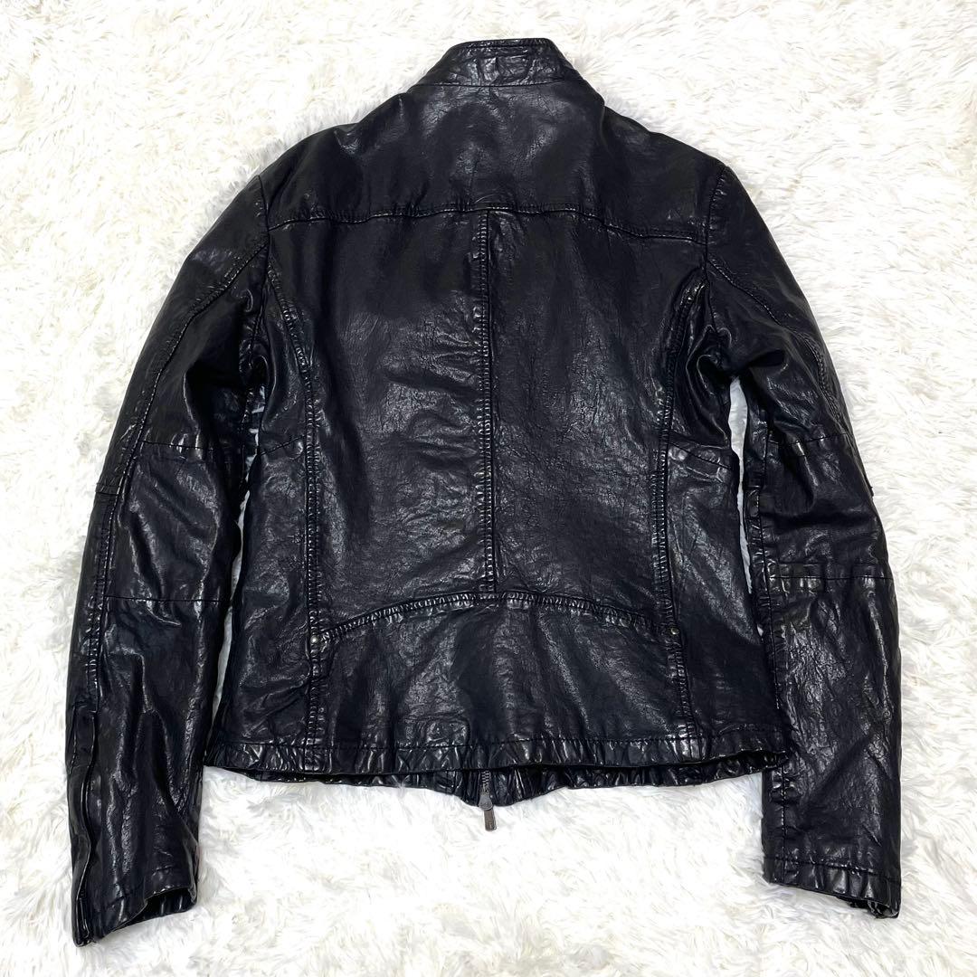 【美品】 Cathy Jane シュリンク加工羊革 レザージャケット 黒 1 S