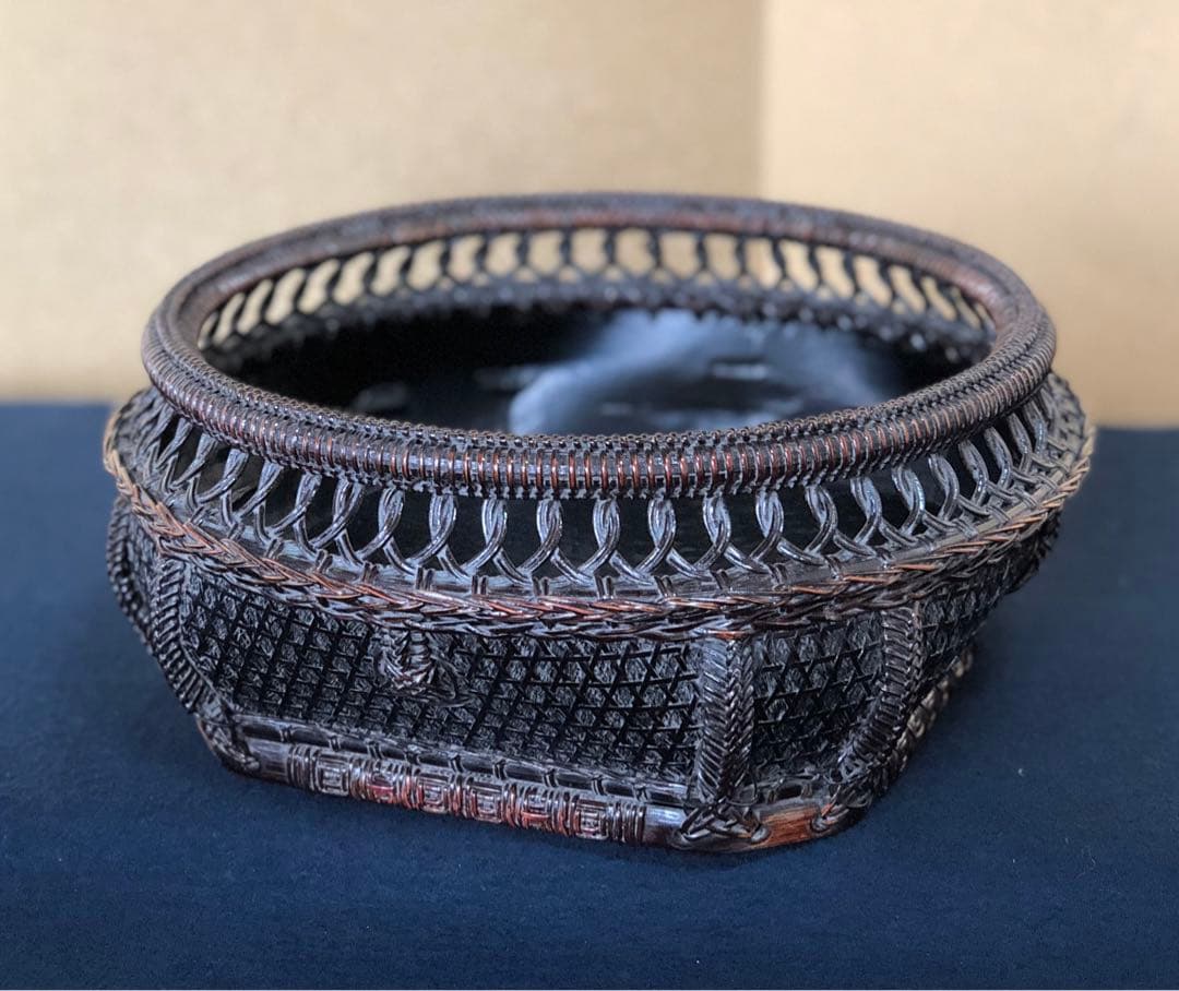 《R》輪違角切 唐物写 炭取 三代目 和田鱗司 共箱 略歴 251216お5