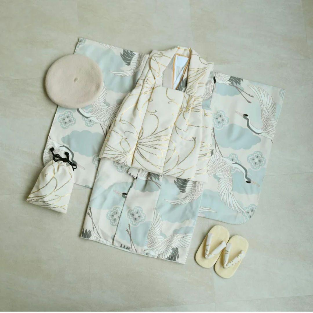 ひよこ商店 七五三 3歳 男の子 ベレー帽被布セット クリーム金彩×ミント吉祥鶴