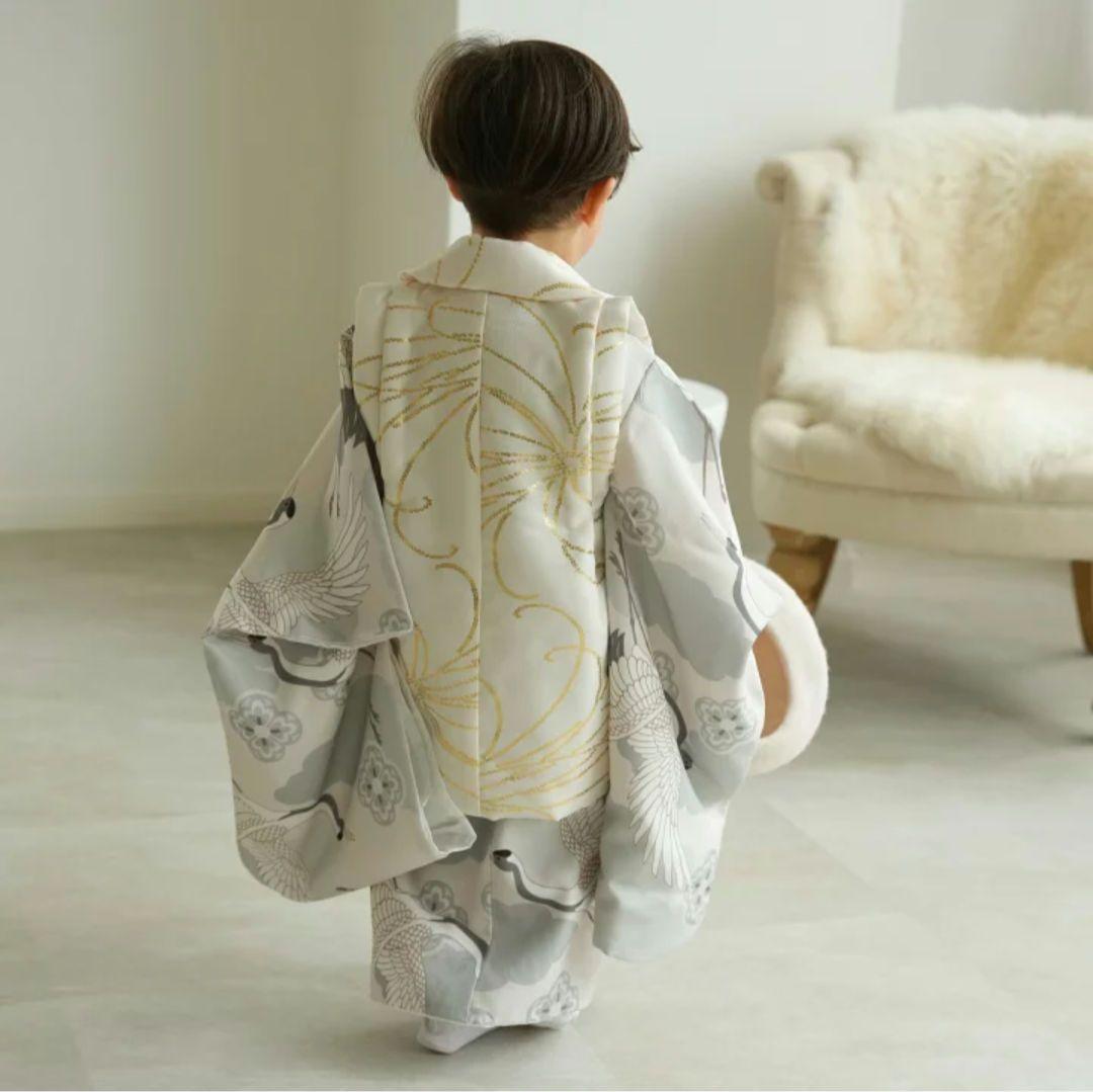 ひよこ商店 七五三 3歳 男の子 ベレー帽被布セット クリーム金彩×ミント吉祥鶴