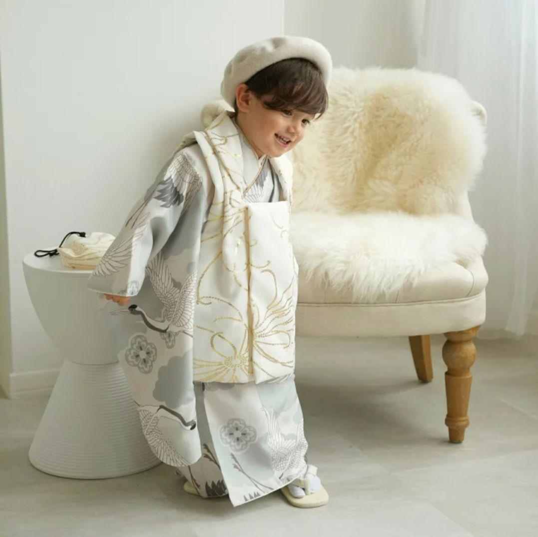 ひよこ商店 七五三 3歳 男の子 ベレー帽被布セット クリーム金彩×ミント吉祥鶴