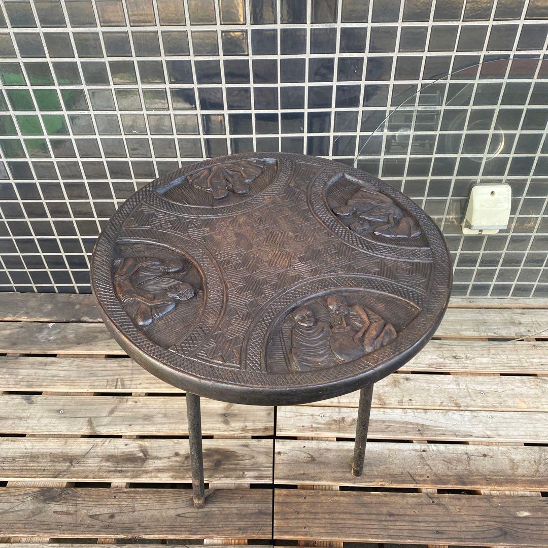 ヴィンテージテーブル 木彫 ガラス天板 インテリア 店舗什器 アフリカ アジア