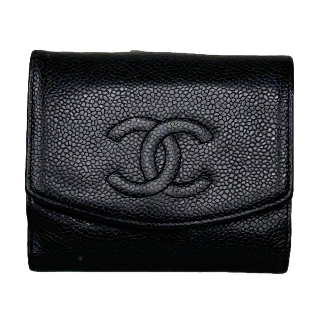 美品　CHANEL キャビアスキン ココマーク Wホック 二つ折り財布 ブラック