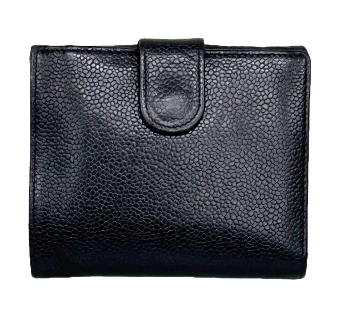 美品　CHANEL キャビアスキン ココマーク Wホック 二つ折り財布 ブラック