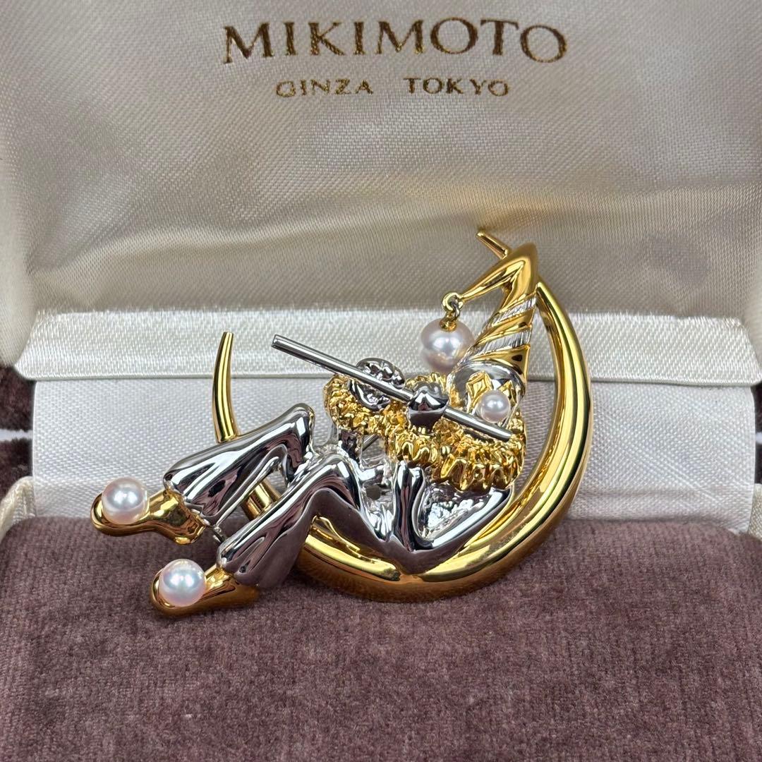 極美品✨ミキモト 本真珠 パール ブローチ ピエロ ムーン ゴールド×シルバー