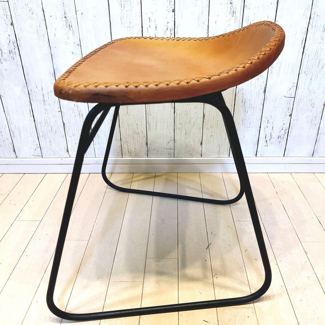 本革スツール レザースツール　アイアンレッグ　キャメル