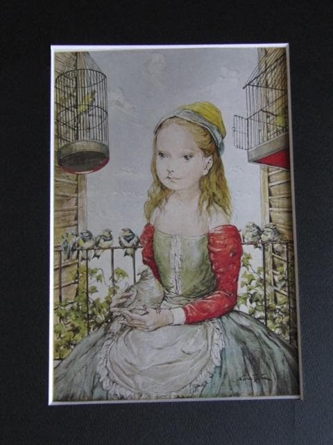 藤田嗣治、【鳩と少女 】、希少な限定額装用画集画、新品高級額 額装付