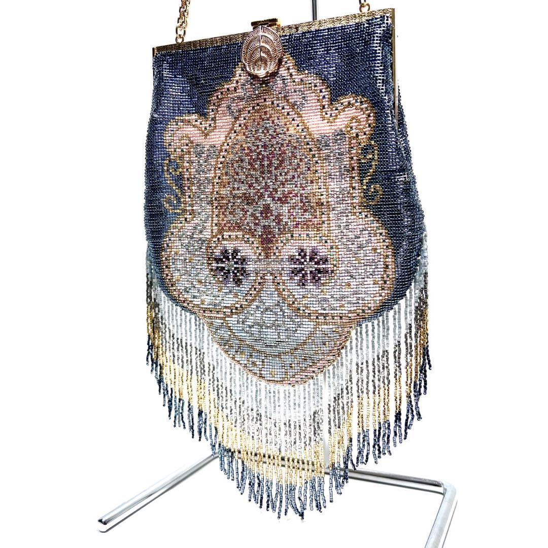 【美品】メタルビーズ刺繍 /デリカビーズ・フリンジ/ビーズバッグ/ハンドバッグ