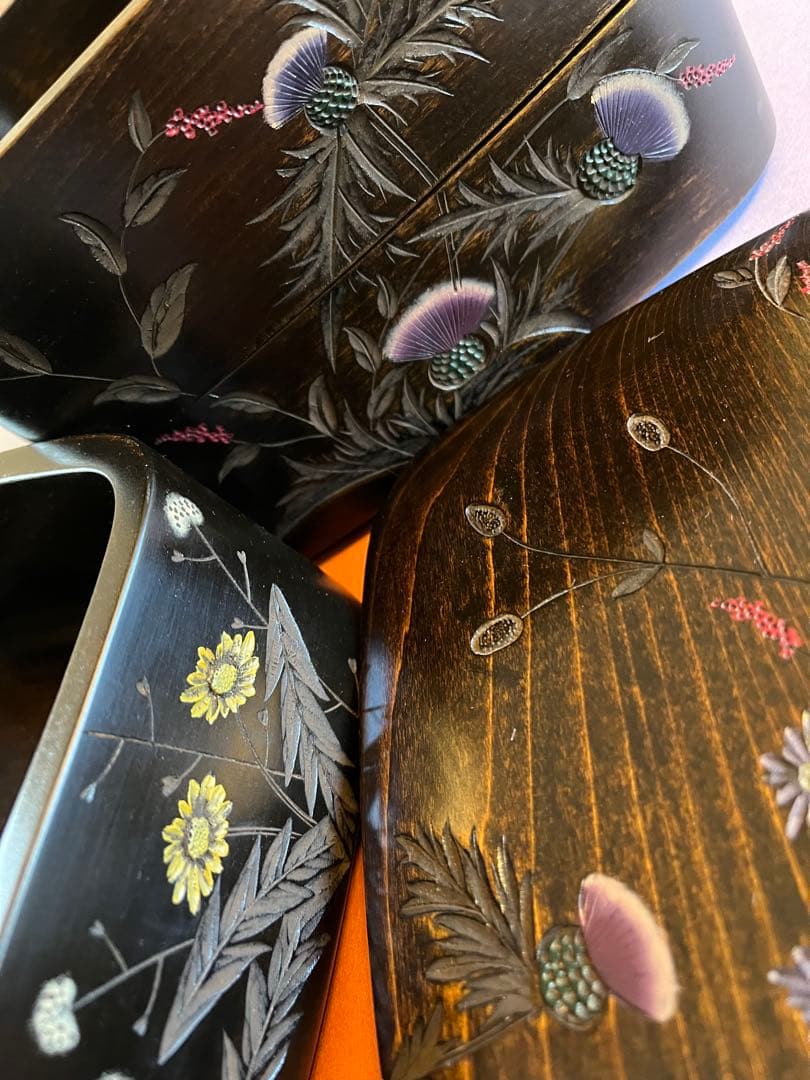 川添日記　重箱　草木彫　漆器