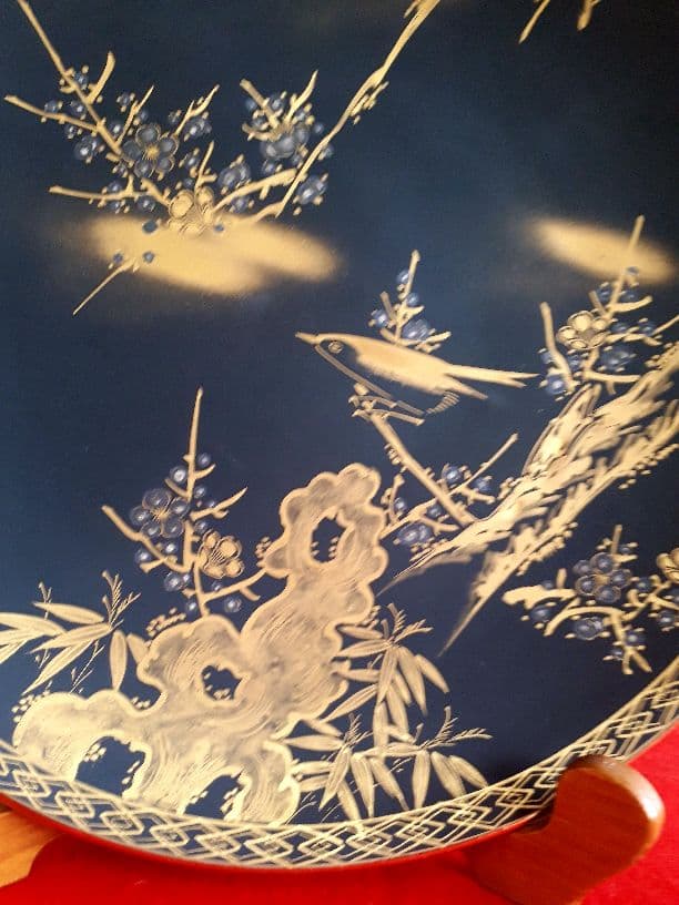 九谷焼、松月の金彩花鳥図飾皿