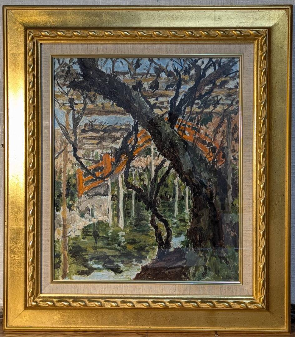 【真作】絵画　油彩8号　太鼓橋の見える庭園　力強い筆致の風景画　W100