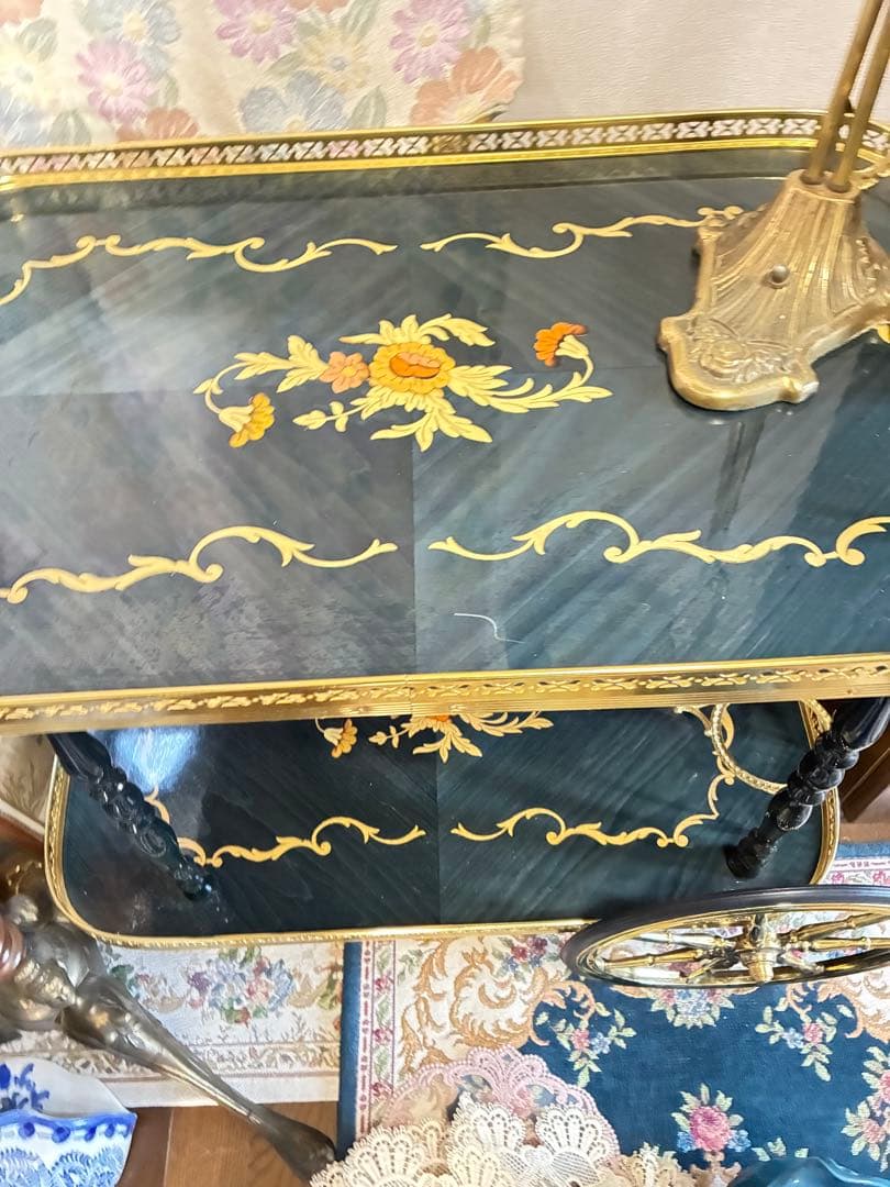 イタリア　象嵌 アンティーク風 サービングカート 黒金