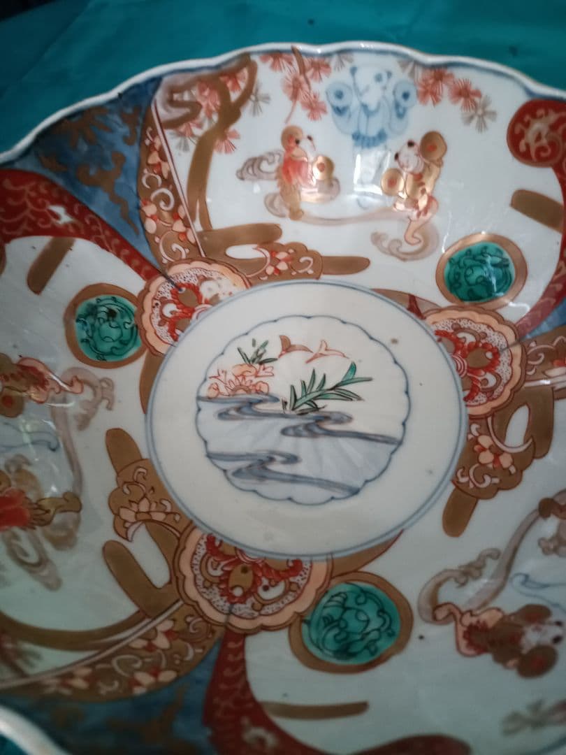 古伊万里　金彩染め付け　赤絵唐子人物絵　三つ鉢揃い　菓子鉢　美術品　江戸期