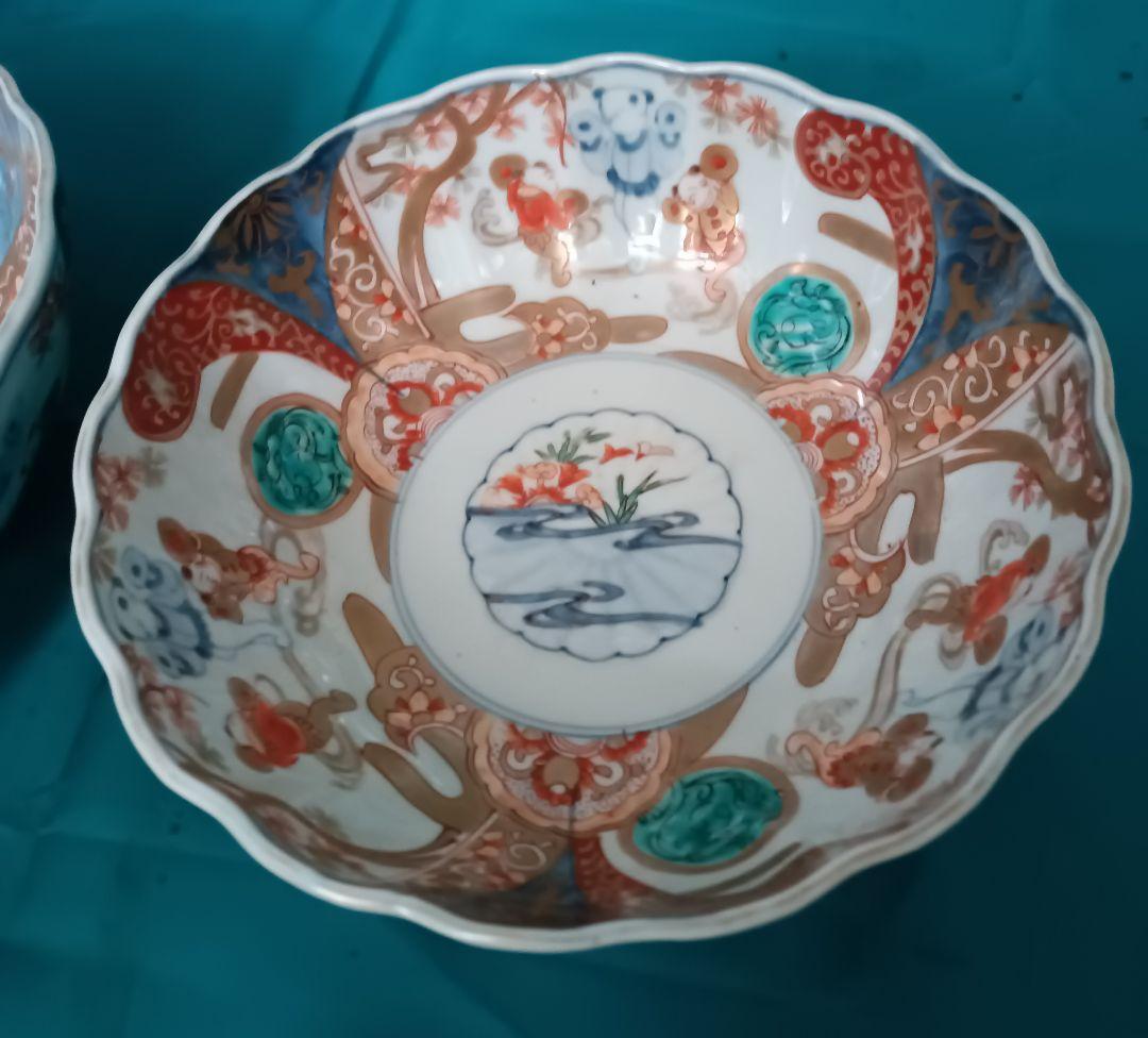 古伊万里　金彩染め付け　赤絵唐子人物絵　三つ鉢揃い　菓子鉢　美術品　江戸期