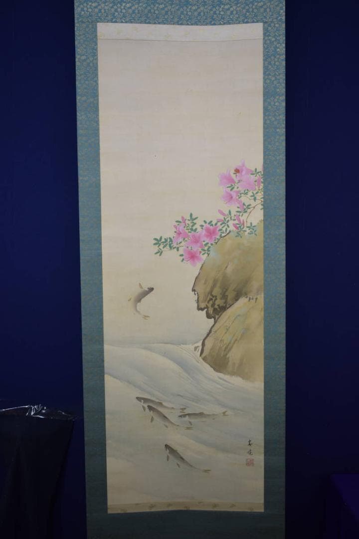 真作/高瀬春暁/清流鮎図/桐共箱付/布袋屋掛軸HG-925