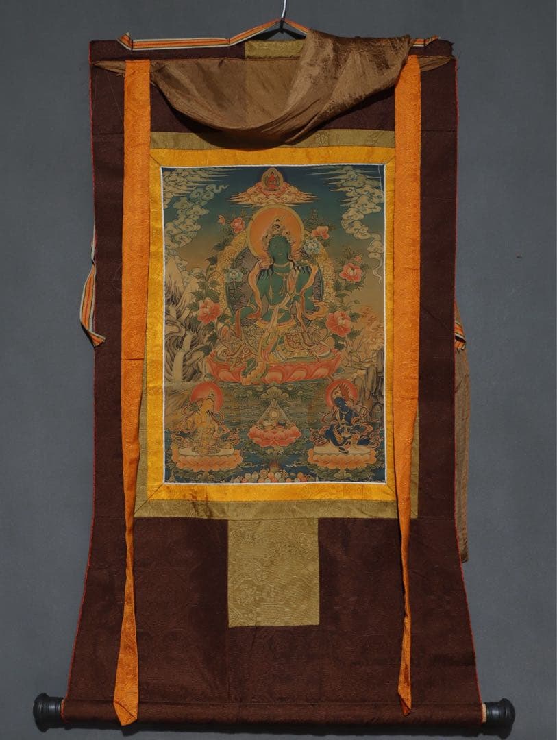 縁起物　タンカ グリーンタラ（緑度母） チベット仏教 時代物