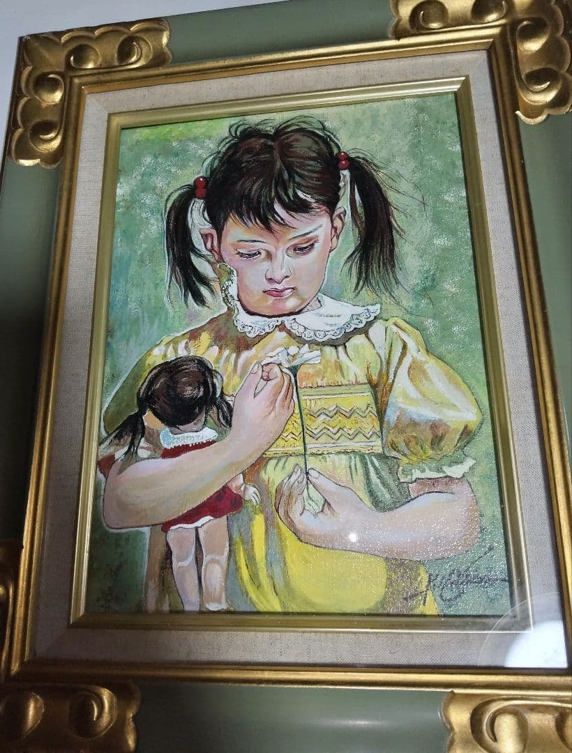 奥龍之介、絵画油彩、４号、幼なき少女、高級額縁、肉筆、東郷青児、高塚省吾。