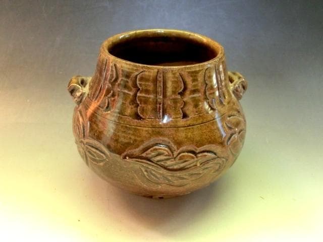火入れ■飴釉耳付き瓶 古壺 壷 火器 唐草模様 置物 オブジェ 時代物 骨董品■