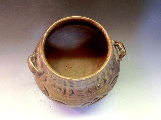 火入れ■飴釉耳付き瓶 古壺 壷 火器 唐草模様 置物 オブジェ 時代物 骨董品■