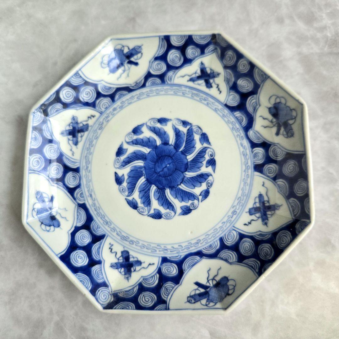古伊万里　染付　八角　六寸皿　宝尽くし　金継ぎ　アンティーク　骨董　江戸時代