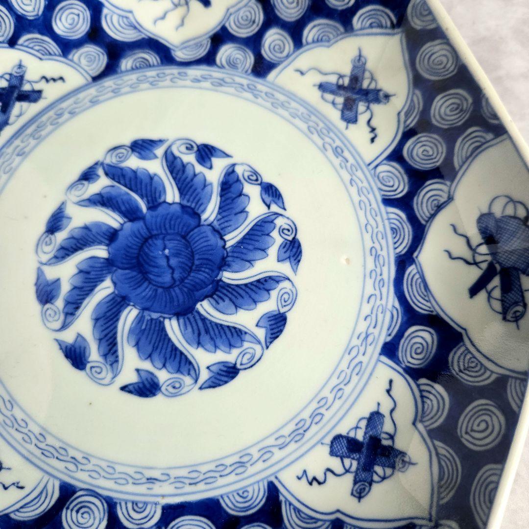 古伊万里　染付　八角　六寸皿　宝尽くし　金継ぎ　アンティーク　骨董　江戸時代