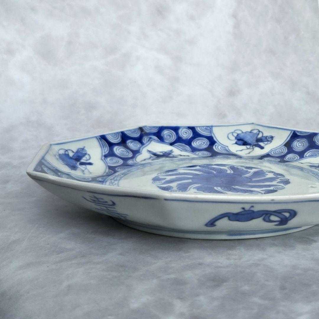 古伊万里　染付　八角　六寸皿　宝尽くし　金継ぎ　アンティーク　骨董　江戸時代