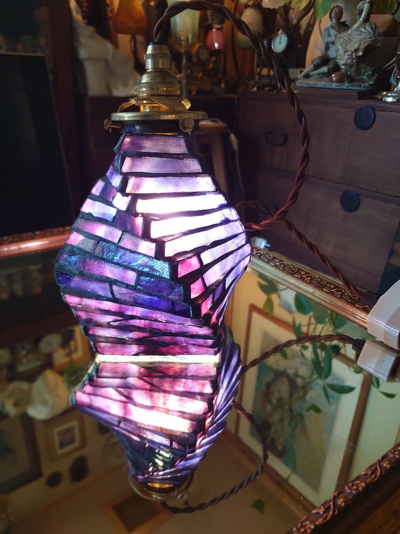 アンティーク ステンドグラスネジレパープルペンダントシーリングランプ