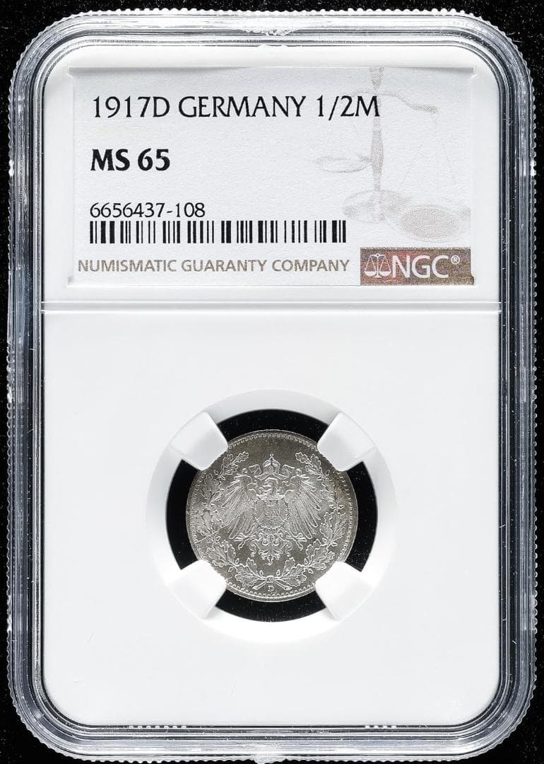 高鑑定　NGC-MS65　ドイツ帝国　1917D　 1/2Mark 　銀貨