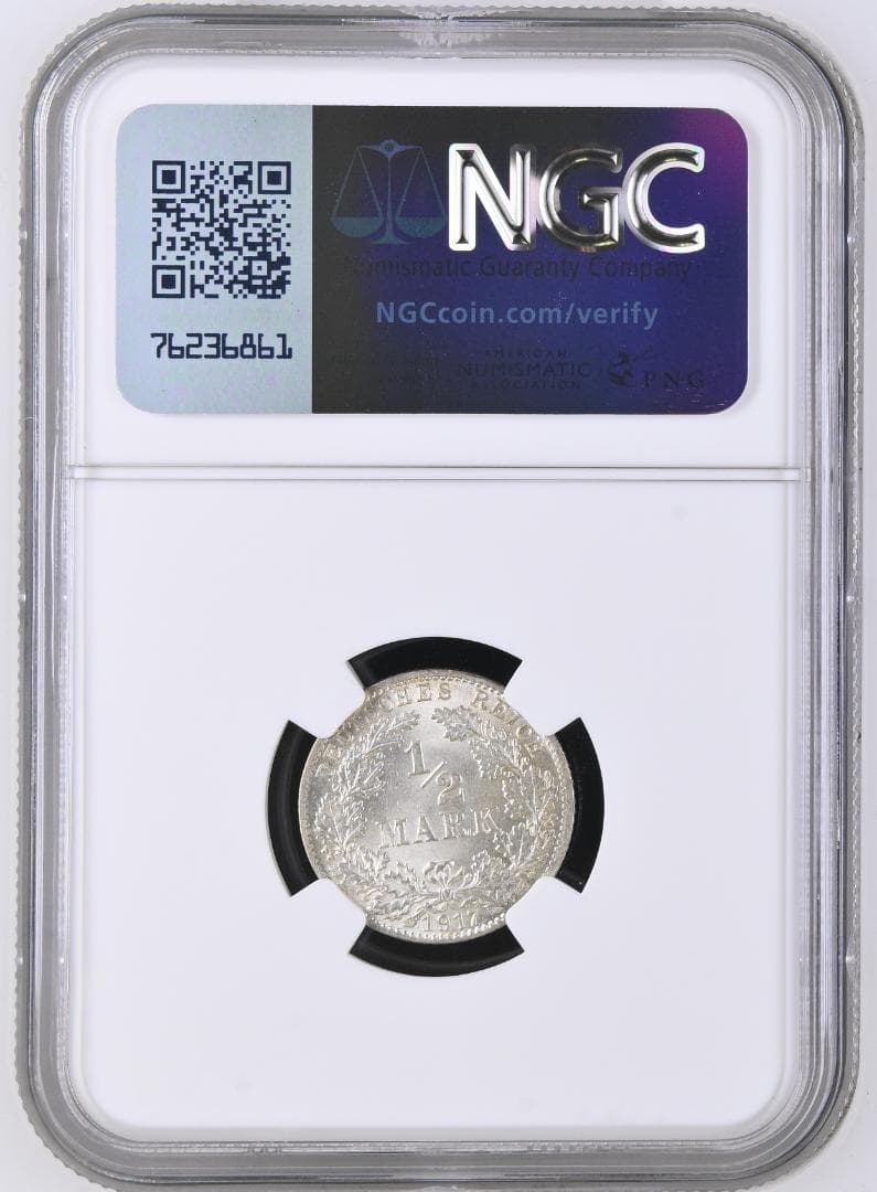 高鑑定　NGC-MS65　ドイツ帝国　1917D　 1/2Mark 　銀貨