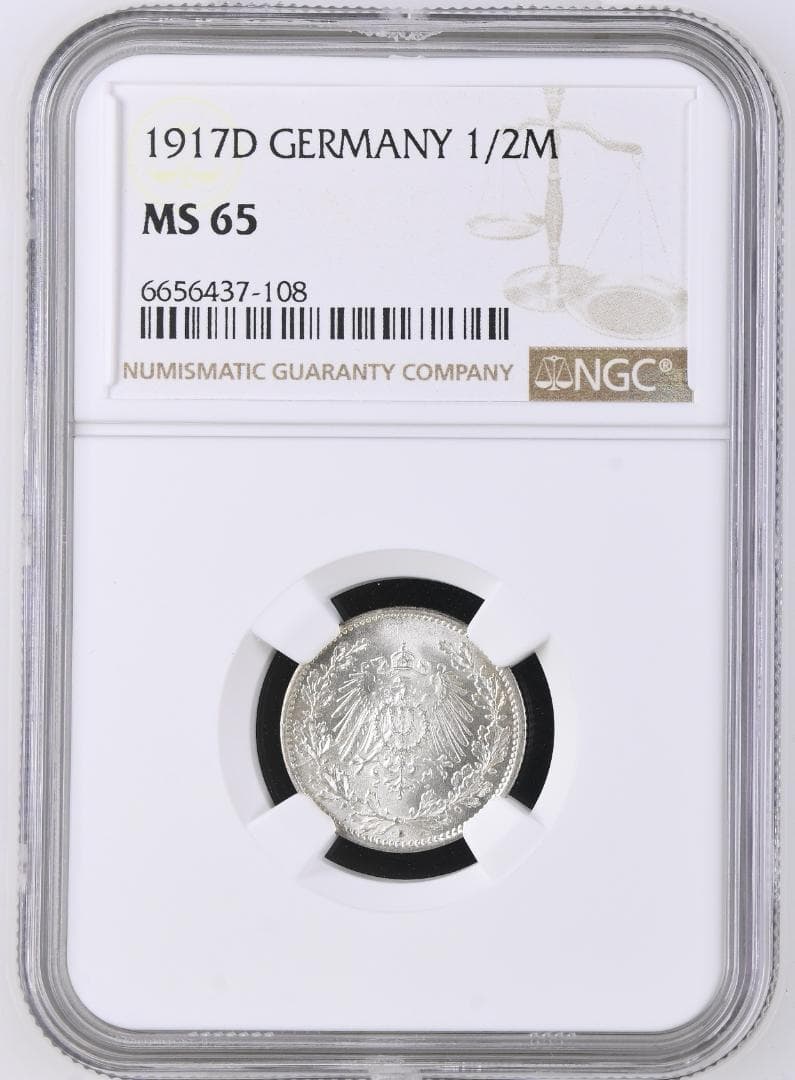 高鑑定　NGC-MS65　ドイツ帝国　1917D　 1/2Mark 　銀貨