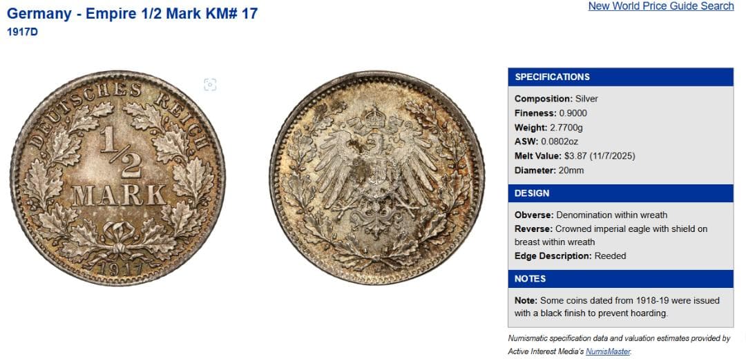 高鑑定　NGC-MS65　ドイツ帝国　1917D　 1/2Mark 　銀貨