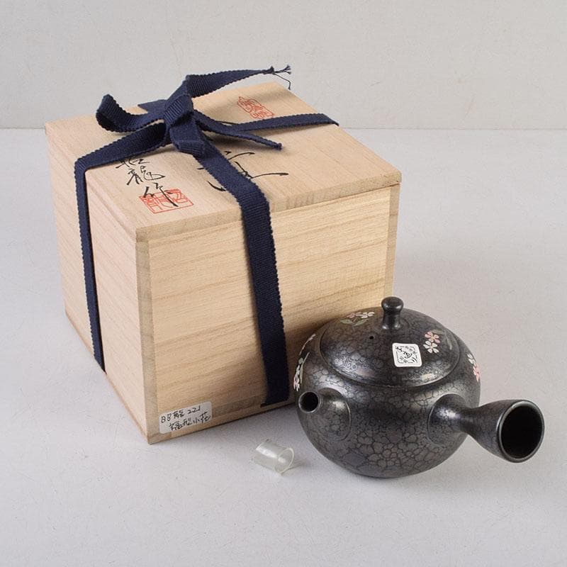 常滑焼　昭龍作　天目釉　福型小花文　急須　茶注　共箱　V　R9218