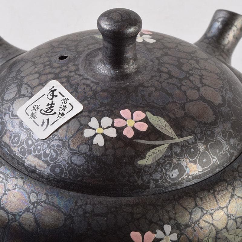 常滑焼　昭龍作　天目釉　福型小花文　急須　茶注　共箱　V　R9218