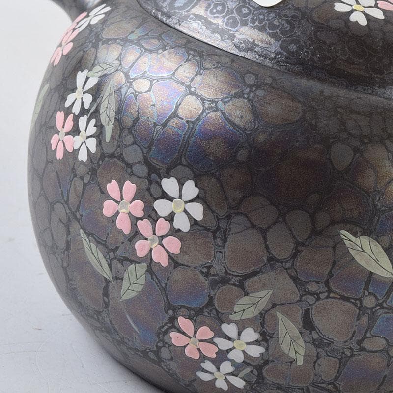 常滑焼　昭龍作　天目釉　福型小花文　急須　茶注　共箱　V　R9218