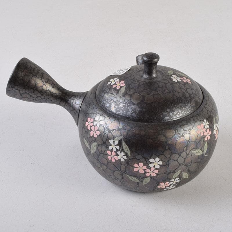 常滑焼　昭龍作　天目釉　福型小花文　急須　茶注　共箱　V　R9218