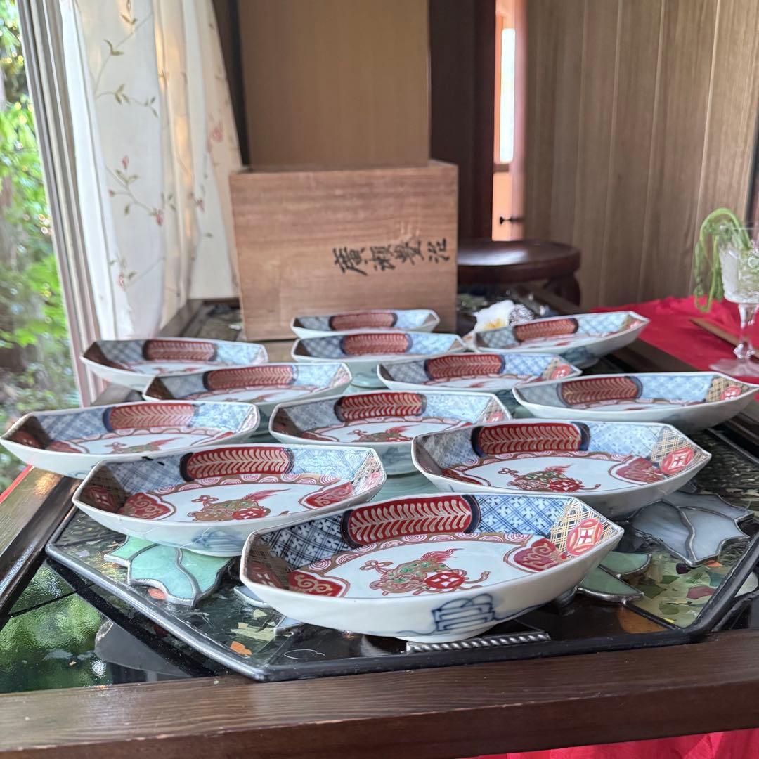 超限定15日20時迄‼️上手伊万里唐獅子牡丹富貴繁栄の舟形膾皿切支丹皿刺身皿 5客