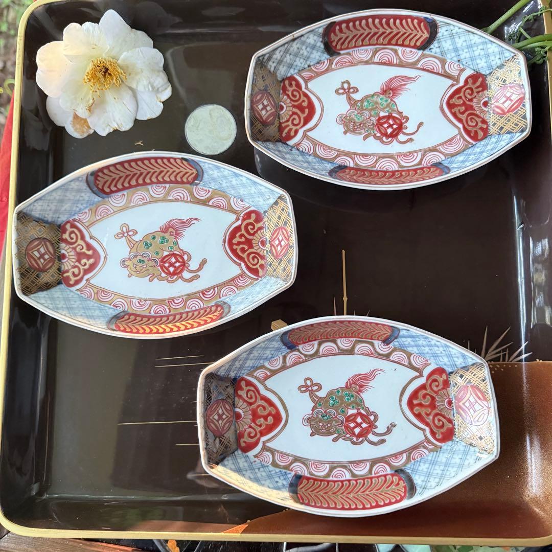 超限定15日20時迄‼️上手伊万里唐獅子牡丹富貴繁栄の舟形膾皿切支丹皿刺身皿 5客